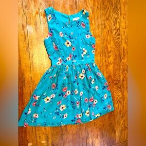 Y2K- Vibrant Teal Floral Sleeveless A-line Euro Summer Mini Babydoll Sun Dress M